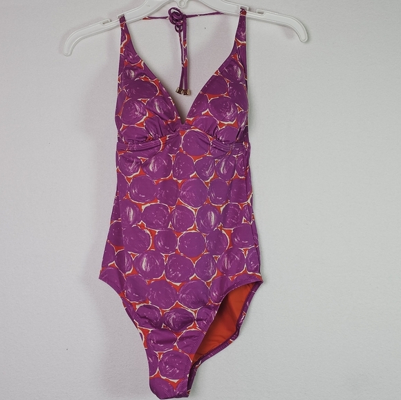 Tory Burch Orange/Purple Halter Swimsuit Sz S Circle Print One Piece - Picture 1 of 15